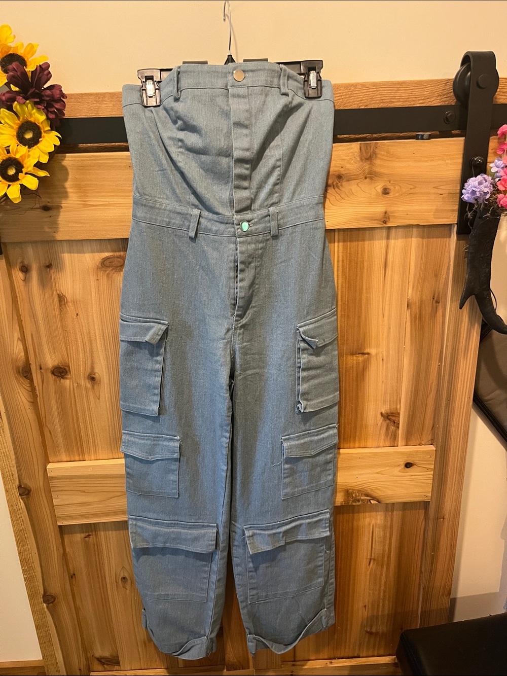 Blush Mark Strapless Light Blue Denim Cargo Jumpsuit